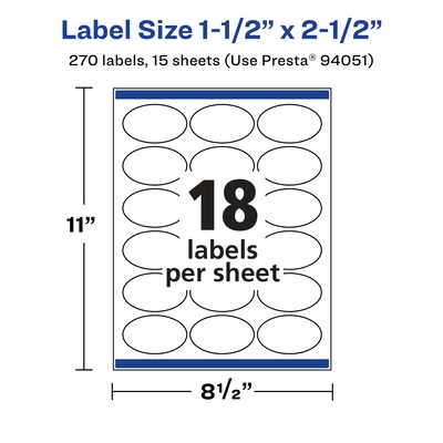 Avery Laser/Inkjet Oval Multipurpose Labels, 1.5" x 2.5", White, 270 Labels/Pack (94051)