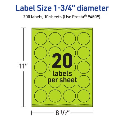 Avery Laser/Inkjet Multipurpose Circle Labels, 1.75" Dia., Bright Green, 200/Pack (94509)