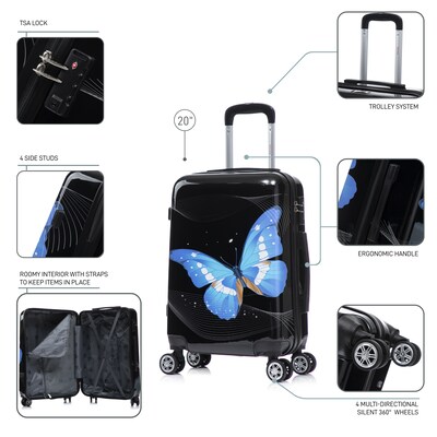InUSA 20" Hardside Butterfly Carry-On Suitcase, 4-Wheeled Spinner, TSA Checkpoint Friendly, Black Butterfly (IUAPC00S-BBU)