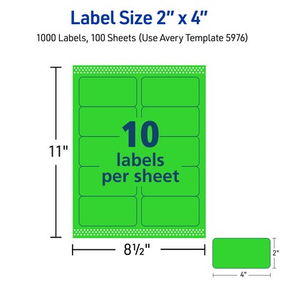 Avery Sure Feed Laser Shipping Labels, 2"x 4", Neon Green, 10 Labels/Sheet, 100 Sheets/Box (5976)