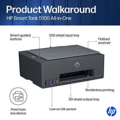HP Smart Tank 5100 Wireless All-in-One Supertank Printer, Up to 3 Years of Ink Included (D06BLA)