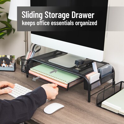 Mind Reader Monitor Stand with Paper Tray, Up to 24" Monitor, Black, 2/Pack (2MESHMON-BLK)