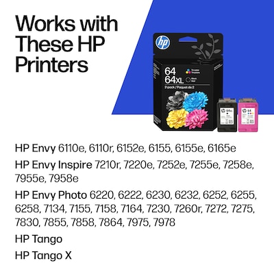 HP 64XL/64 Black High Yield and Tri-Color Standard Yield Ink Cartridges, 2/Pack (3YP23AN#140)