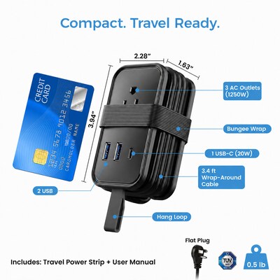 Uncaged Ergonomics Travel Power Strip with USB-C, 3 AC, 2 USB-C (20W), 1 USB-A, 3.4 ft Cord, Black