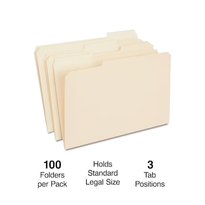 Quill Brand® Premium Reinforced File Folders, Assorted Tabs, 1/3-Cut, Legal Size, Manila, 100/Box (771137)