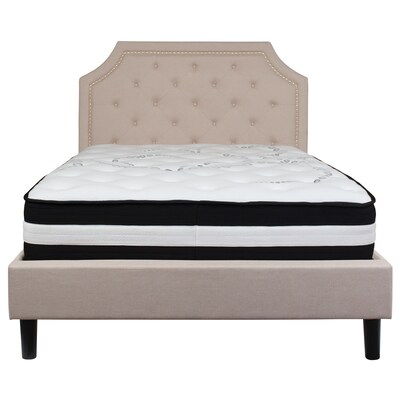 Flash Furniture Brighton Tufted Upholstered Platform Bed in Beige Fabric with Pocket Spring Mattress, Full (SLBM2)