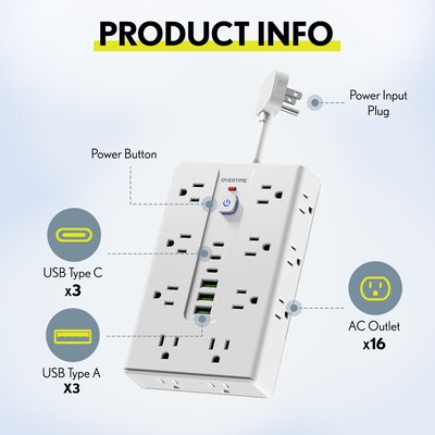 Overtime OS70 22-in-1 Multi-Port 16-Outlet 3 USB-A 3 USB-C Ports Power Strip, White (OADOS70)