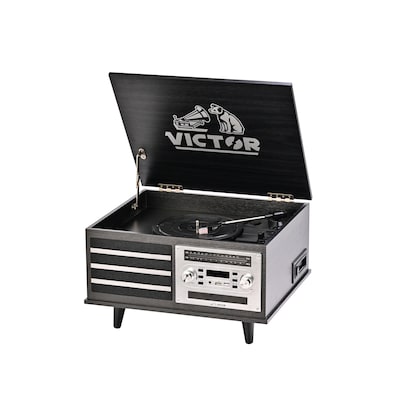 Victor Monroe Retro 8-in-1 Turntable Record Player and Entertainment Center with Bluetooth and Built in Speakers, Graphite