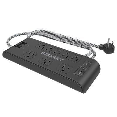 STANLEY Surge Blok 8-Outlet Surge Protector Power Strip w/3-USB Ports & Braided Fabric Cord, 6-ft., 2400 Joules, Black (33308)
