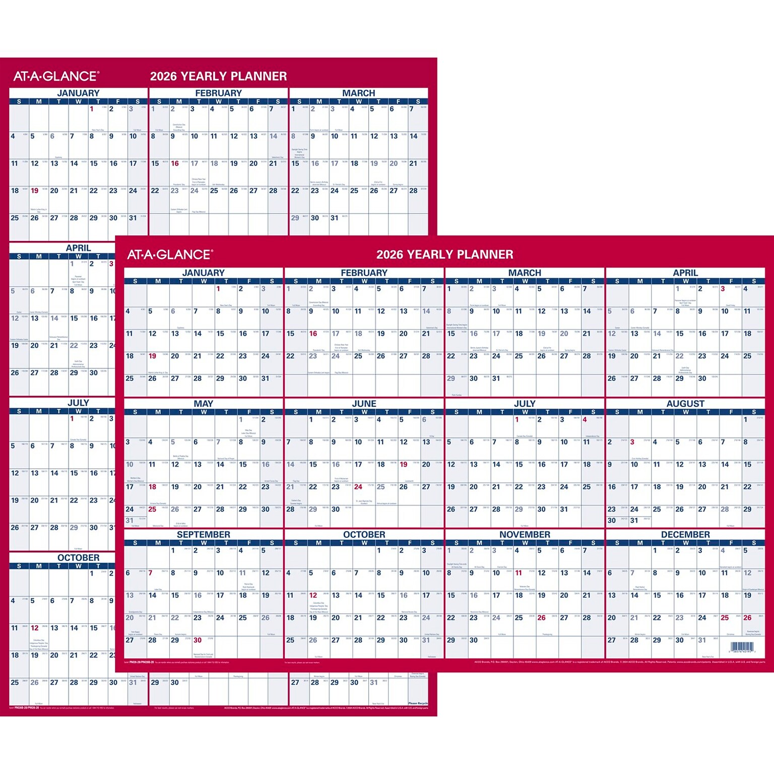 2026 AT-A-GLANCE 36 x 24 Yearly Dry Erase Wall Calendar, Reversible, White/Red (PM26-28-26)