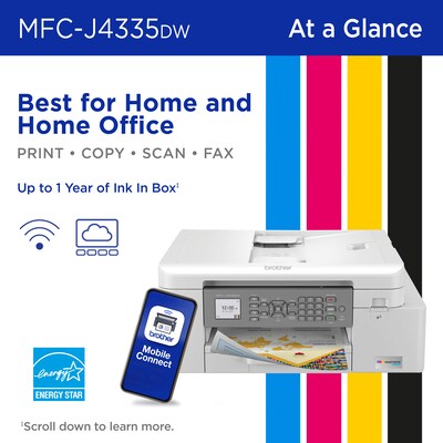 Brother INKvestment Tank MFC-J4335DW Wireless Color Inkjet Printer, All-In-One Supertank, Print, Scan, Copy, Fax