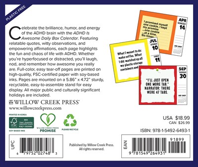 2027 Willow Creek ADHD is Awesome 6.2 x 5.4 Daily Day-to-Day Calendar, Assorted Colors (64931)
