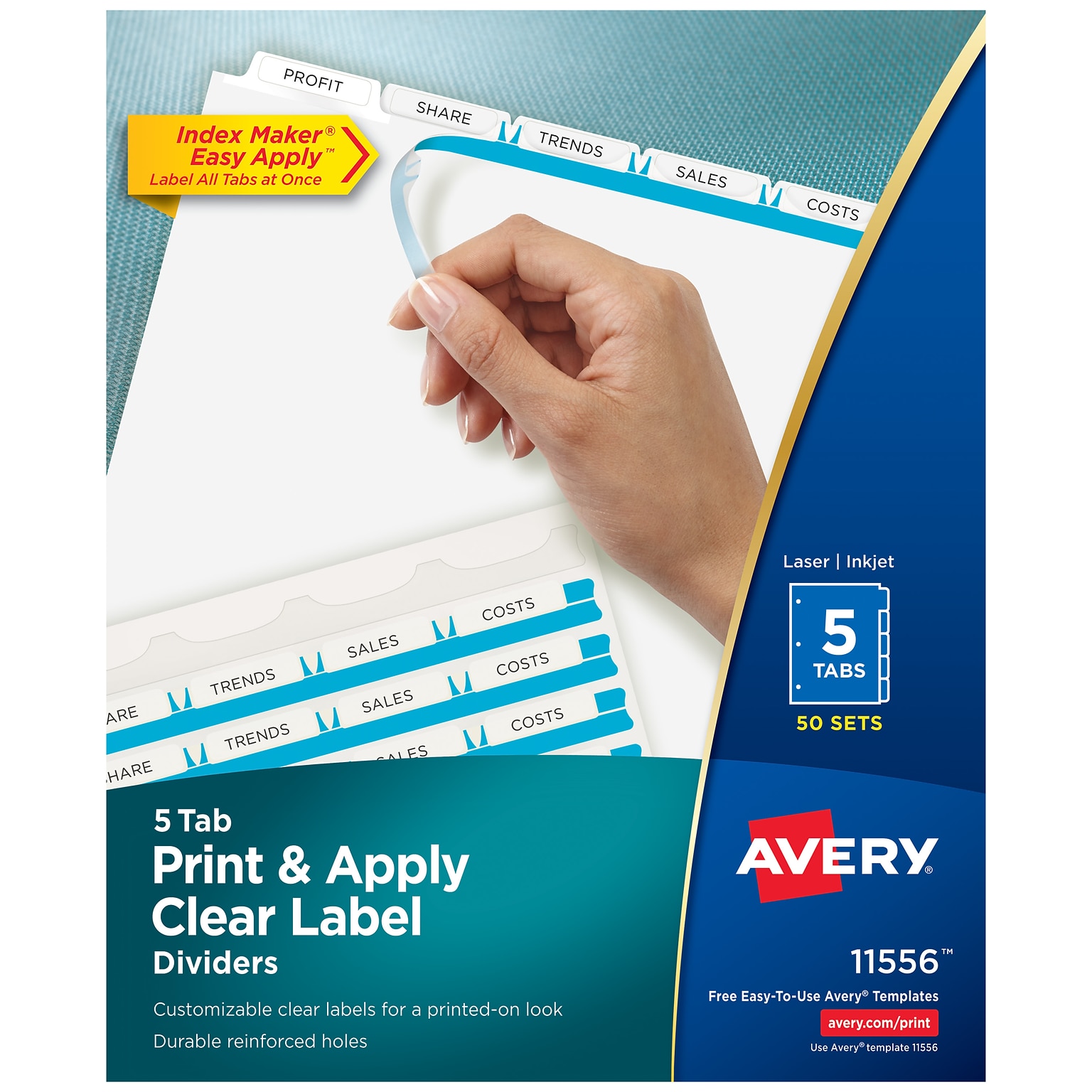 Avery Index Maker Paper Dividers with Print & Apply Label Sheets, 5 Tabs, White, 50 Sets/Pack (11556)