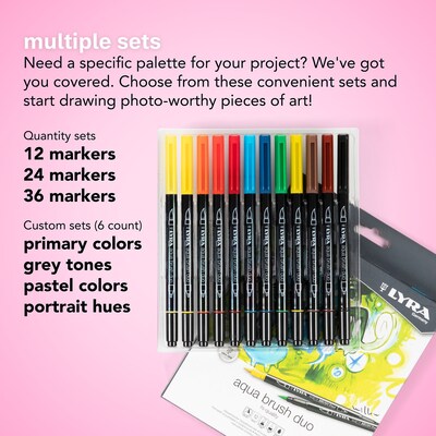 Lyra Aqua Brush Duo Water-Based Marker, Dual-Tip, Assorted Colors, 6 Markers/Set, 2 Sets/Bundle (LYXL6521061-2)
