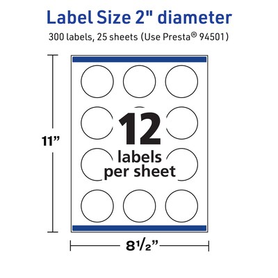 Avery Laser/Inkjet Round Multipurpose Labels, White, 12 Labels/Sheet, 25 Sheets/Pack (94501-TWMP25)