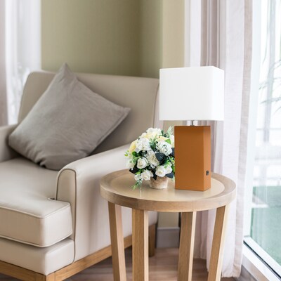 Lalia Home Lexington 21" Leather Base Modern Bedside Table Lamp, White Fabric Shade, Feit LED Bulb, Tan (LHT-3012-TN-LB)