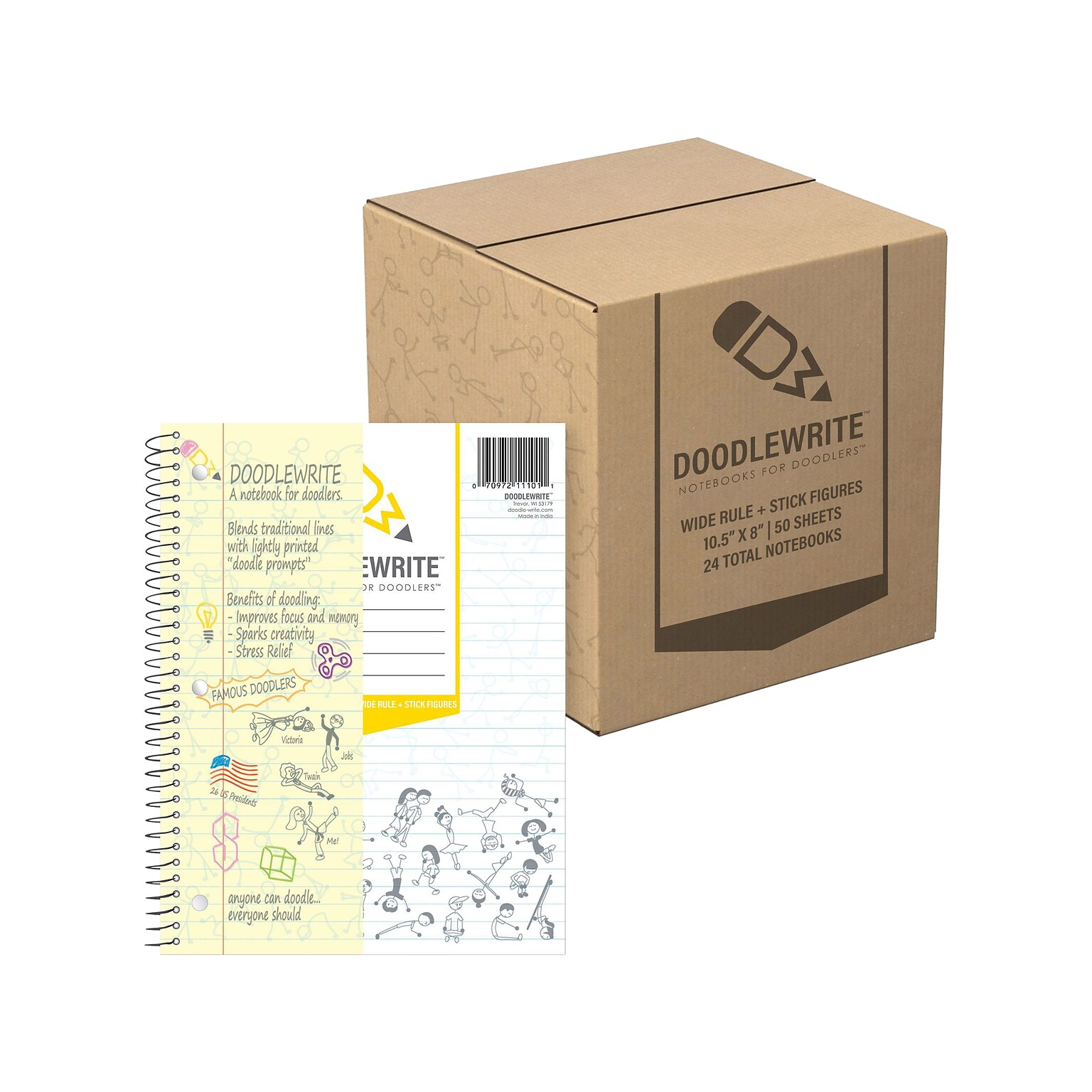 DOODLEWRITE 1-Subject Notebooks, 8 x 10.5, Wide Ruled, 50 Sheets, White, /Carton (11101CS)