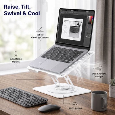 Uncaged Ergonomics Adjustable Swivel Laptop Stand for Desk, Steel, 360° Rotation, Up to 16, White