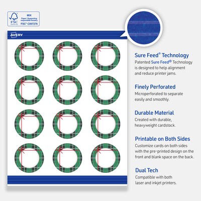 Avery Silver-Green Plaid Matte Blank Card, White, 120/Pack (S00-FJ8)