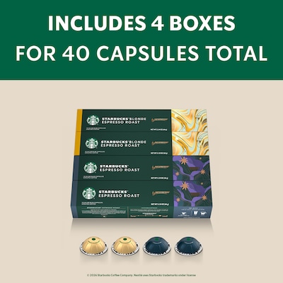 Nespresso Starbucks Espresso Variety Pack Coffee Nespresso Vertuo Capsules, Light & Dark Roast, 40/Pack (163931)