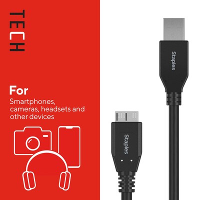 Staples TECH 6 ft. USB-A to Micro USB Type B Cable, Male to Male, Black (ST62441)