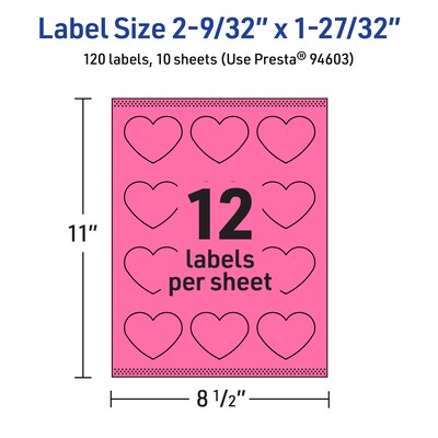 Avery Laser/Inkjet Heart Multipurpose Labels, 2-9/32" x 1-27/32", Bright Pink, 120/Pack (94603)