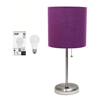Creekwood Home Oslo 19.5" LED Table Lamp, Brushed Steel/Purple Shade (CWT-2012-PR-LB)