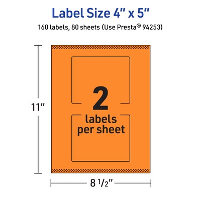 Avery Laser/Inkjet Multipurpose Rectangle Labels, 4" x 5", Bright Orange, 160/Box (94253)