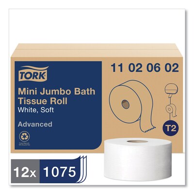 Tork Advanced Mini Jumbo Toilet Paper, 2-Ply, White, 751 ft./Roll, 12 Rolls/Carton (11020602)