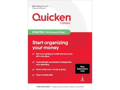 Quicken Classic Starter for New Subscribers Only, 1 User, Windows/Mac/Android/iOS, Download (170475)