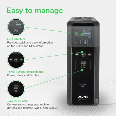 APC Back-UPS Pro BN 1500VA 10-Outlet UPS with 2 USB Charging Ports, Black (BN1500M2)