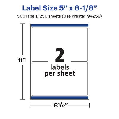 Avery Laser/Inkjet Multipurpose Labels, White, 2 Labels/Sheet, 250 Sheets/Pack (94259-WMP250)