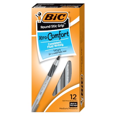 BIC Xtra Comfort Round Stic Grip Ballpoint Pens, Medium Point, 1.2mm, Black Ink, Dozen (13726/GSMG11