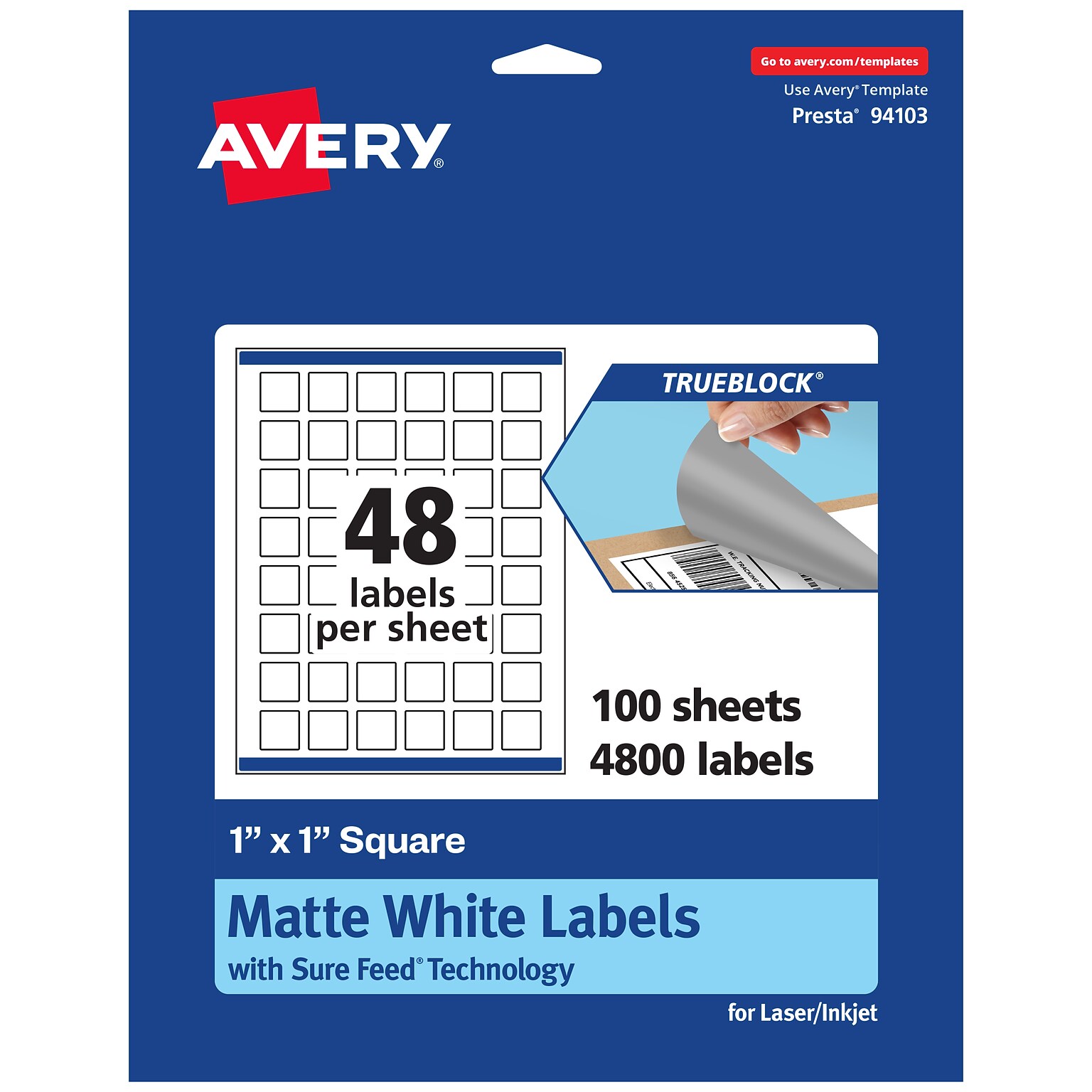 Avery TrueBlock Laser/Inkjet Square Multipurpose Labels, 1 x 1, White, 4800 Labels/Box (94103)