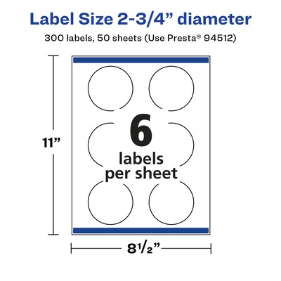 Avery Laser/Inkjet Multipurpose Circle Labels, 2.75" Dia, Glossy White, 300/Box (94512)