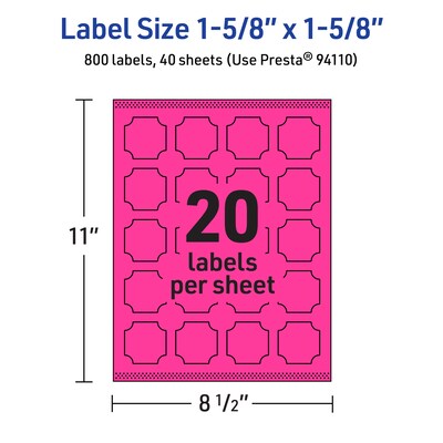 Avery Square Scalloped Laser/Inkjet Multipurpose Labels, 1-5/8" x 1-5/8", Neon Magenta (800/Box)