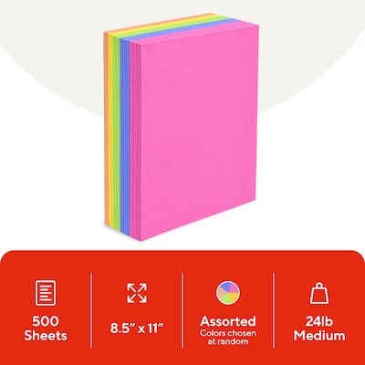 Staples Brights Multipurpose Colored Paper, 24 lbs., 8.5 x 11, Assorted Neon, 500/Ream (20201)