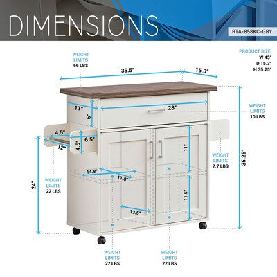 Techni Home Deluxe Mobile Kitchen Island Cart with Water Resistant Top, Storage Cabinets with Adjustable Shelves, and Spice Rack