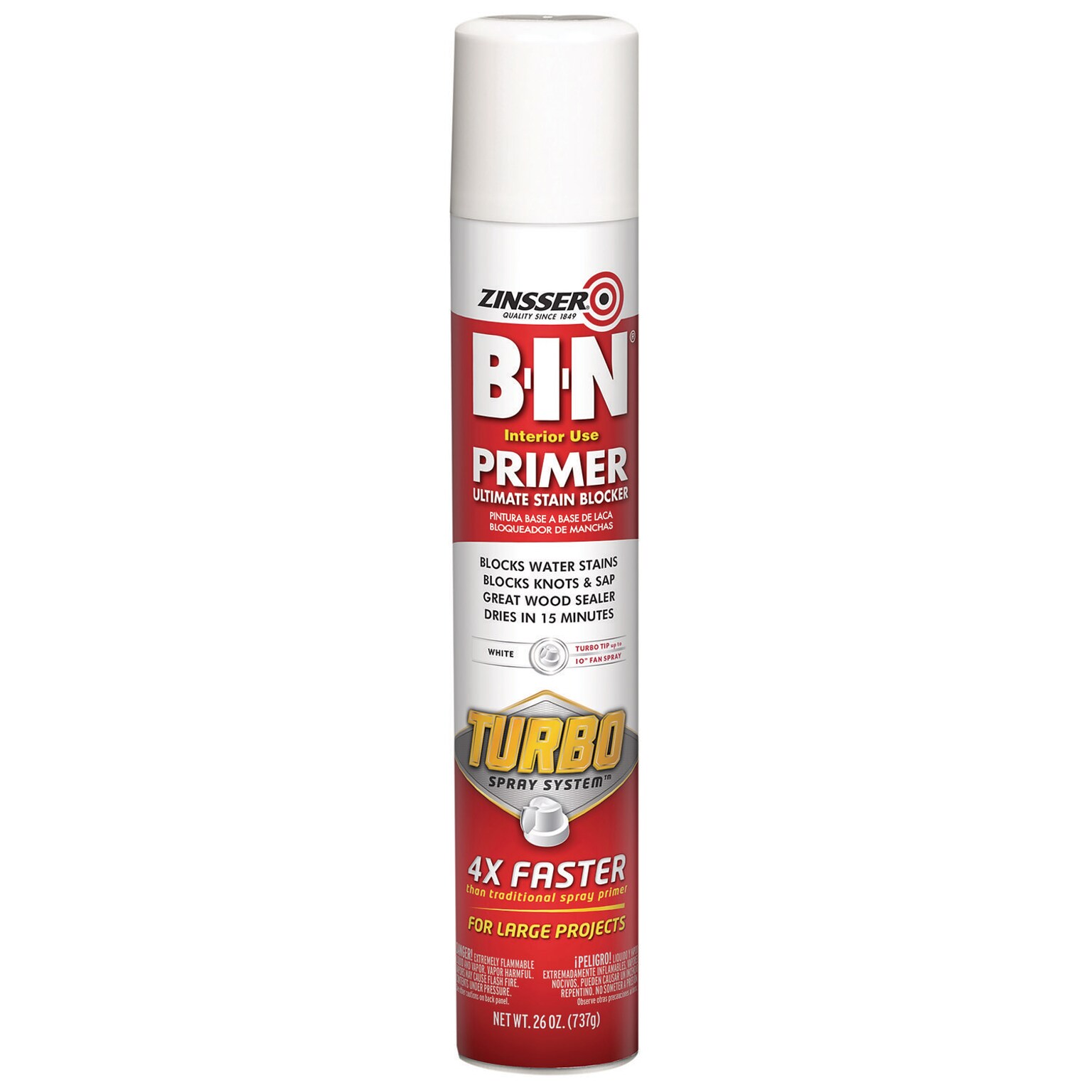Zinsser BIN Aerosol Primer w/ Turbo Spray System, 26 oz. Aerosol Can, Flat White, 6/Carton (RST356880)