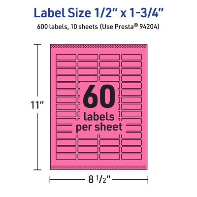 Avery Laser/Inkjet Rectangle Multipurpose Labels, 0.5" x 1.75", Bright Pink, 600/Pack (94204)
