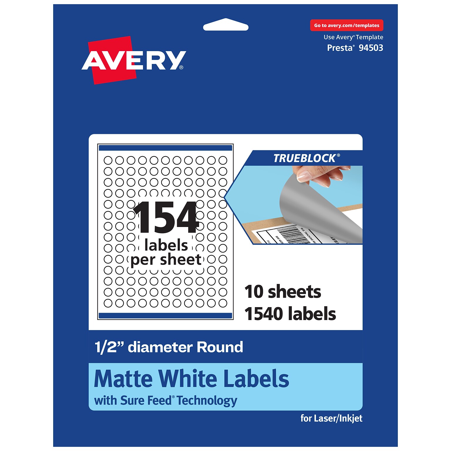 Avery TrueBlock Laser/Inkjet Round Multipurpose Labels, 0.5 Dia., White, 154 Labels/Sheet, 10 Sheets/Pack (94503-TWMP10)