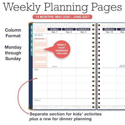 2026-2027 Excello Brands 8.5" x 11" Academic Weekly & Monthly Family Planner, Paperboard Cover, Navy Gold Numbers