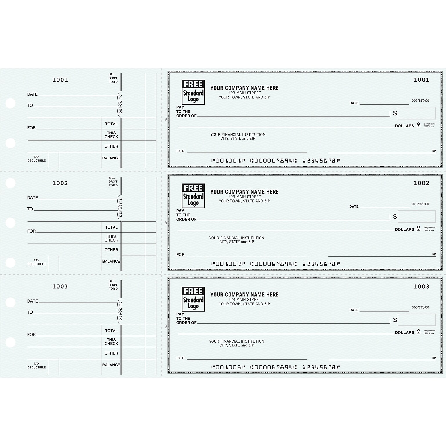 Custom 3-On-A-Page Business Size Checks, Side-Tear Voucher, Standard Color, 1 Ply, 1 Color Printing, 8.25 x 3, 250/Pk