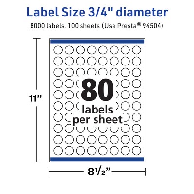 Avery TrueBlock Laser/Inkjet Circle Multipurpose Labels, 0.75" Dia., White, 8000/Box (94504)