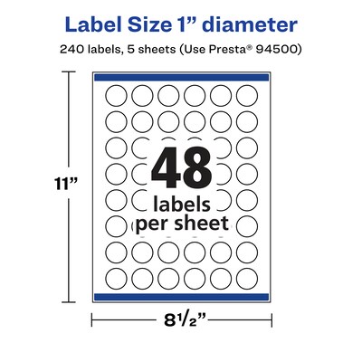 Avery Laser/Inkjet  Round Multipurpose Labels, 1" Dia., Clear, 240 Labels/Pack (94500)