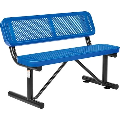 Global Industrial 4 Outdoor Steel Bench w/ Backrest, Perforated Metal, Blue (695744BL)