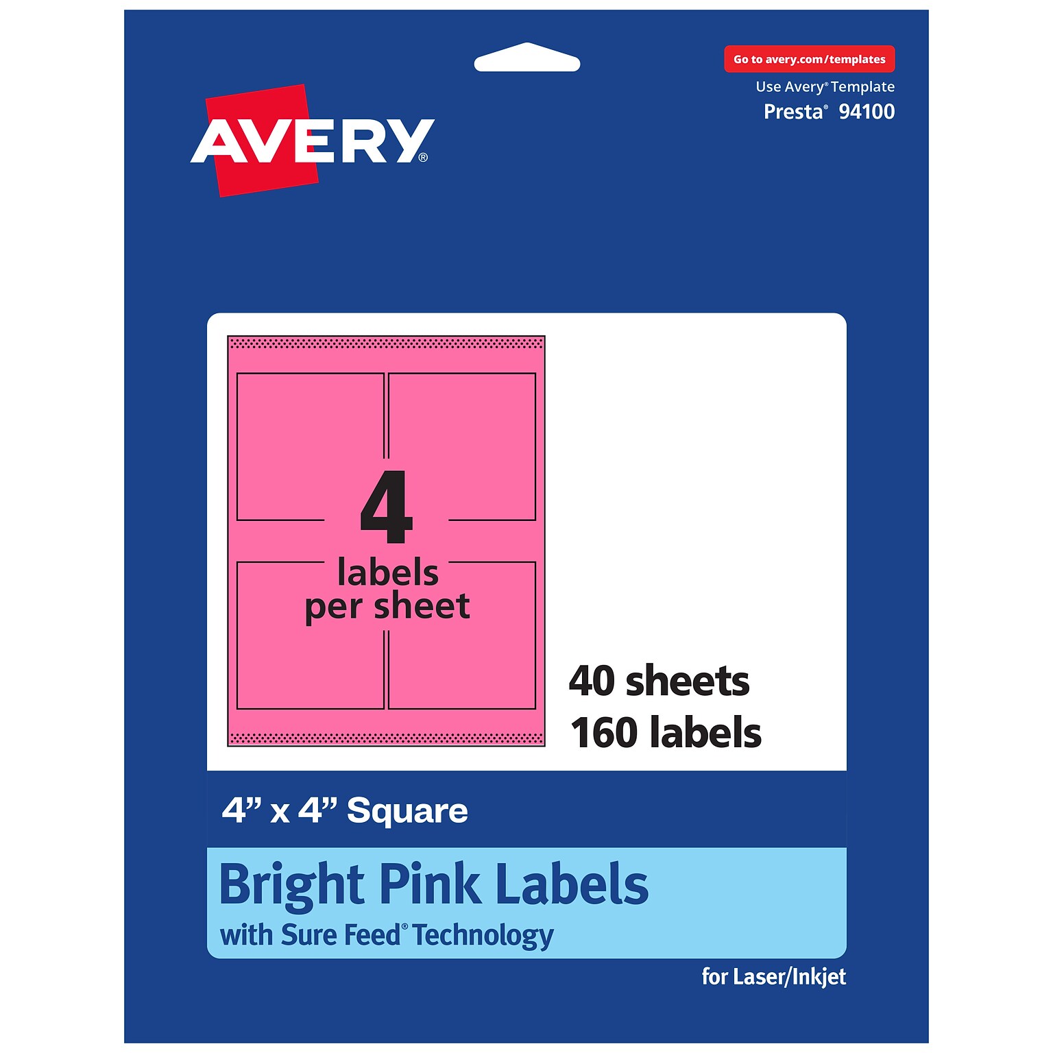 Avery Laser/Inkjet Square Multipurpose Labels, 4 x 4, Bright Pink, 160/Pack (94100)