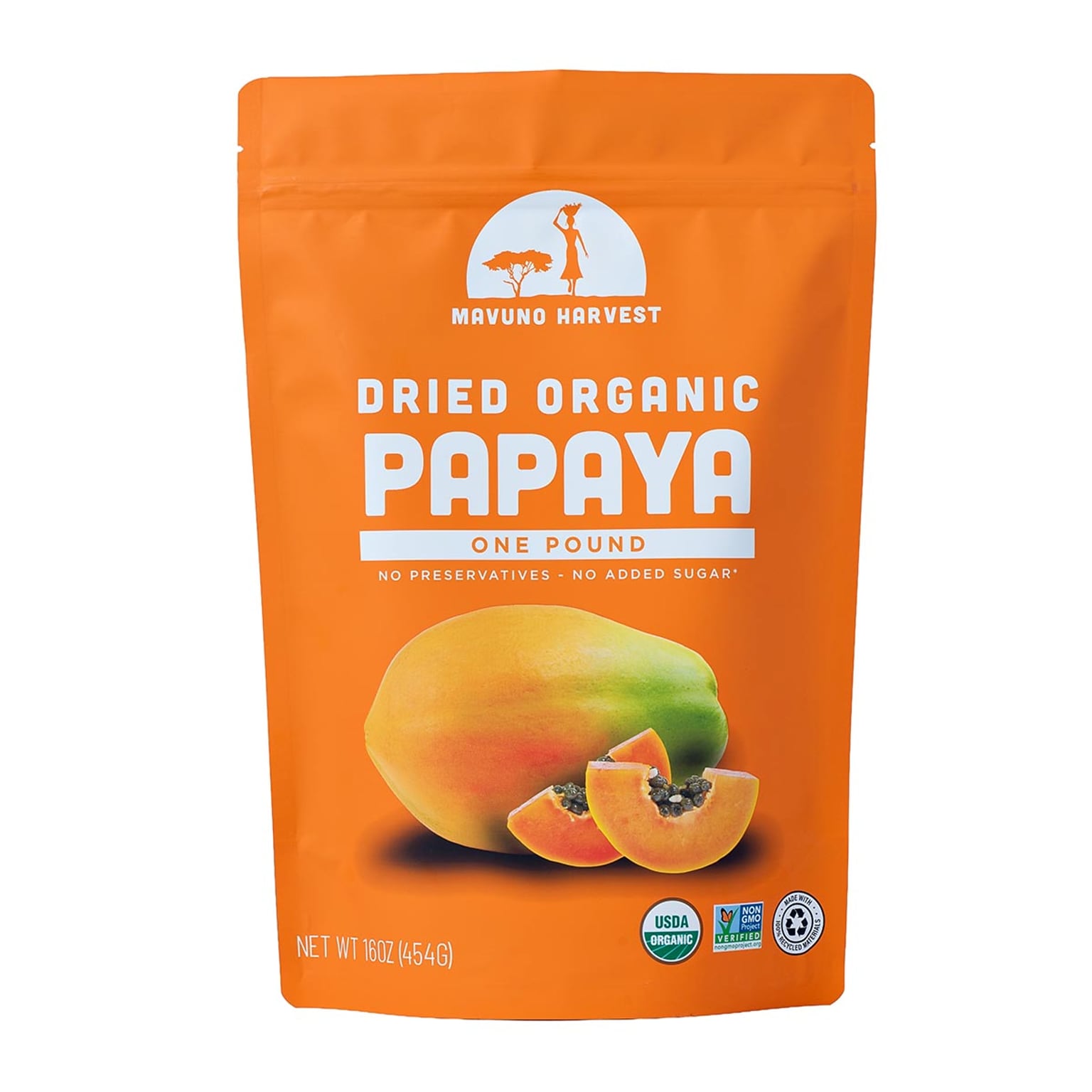 Mavuno Harvest Gluten Free Organic Dried Papaya Fruit Snacks, 1 lb. Bag (MAHW-PPYA1LB)
