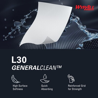 WypAll GeneralClean L30 Durable Fibers Cleaning Wipers, 11" x 10.4", White, 70 Sheets/Roll, 24/Carton (05843)