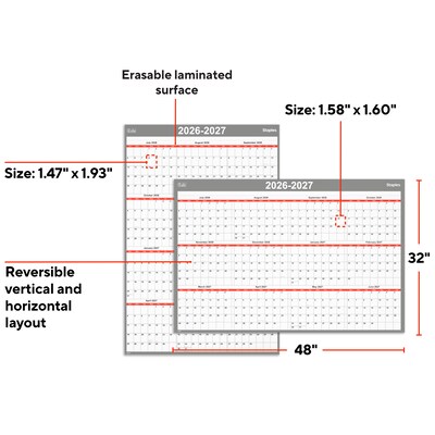 2026-2027 Staples 32" x 48" Academic Yearly Dry Erase Wall Calendar, Reversible, White/Red/Gray (ST54274-27)